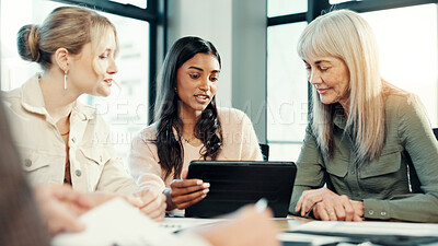 Buy stock photo Discussion, teamwork and women with tablet, boardroom and social media specialist with ideas in office. Business, colleagues and collaboration for ad campaign on tech, online and people in meeting
