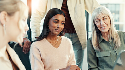 Buy stock photo Discussion, teamwork and women in meeting with technology, project and social media specialist. Review, colleagues and group collaboration for ad campaign with tablet, online seo and business people