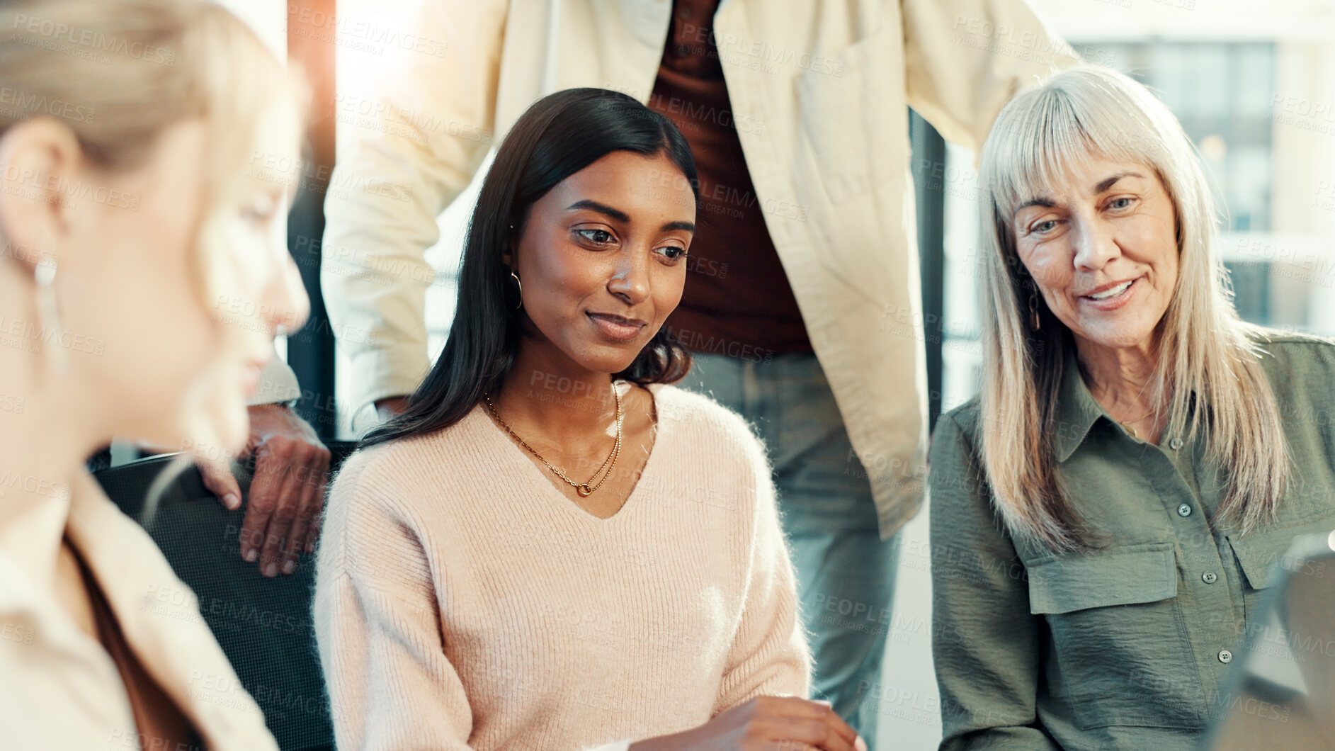 Buy stock photo Discussion, teamwork and women in meeting with technology, project and social media specialist. Review, colleagues and group collaboration for ad campaign with tablet, online seo and business people