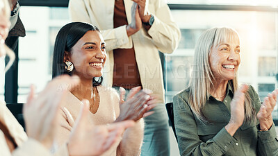 Buy stock photo Women, applause and group at meeting in office with smile, goals and support with celebration at startup. Business people, cheers and success with achievement, profit and excited at creative agency