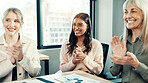 Women, applause and team at meeting in office with smile, goals and support with celebration at startup. Business people, cheers and success with achievement, profit and excited at creative agency
