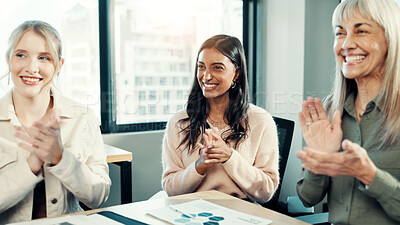 Buy stock photo Women, applause and team at meeting in office with smile, goals and support with celebration at startup. Business people, cheers and success with achievement, profit and excited at creative agency