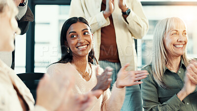 Buy stock photo Woman, applause and group with celebration in office with smile, goals and support in meeting at startup. Business people, cheers and success with achievement, profit and excited at creative agency