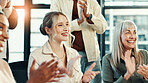 Woman, applause and happy with celebration in office with smile, goals and support in meeting at startup. Business people, cheers and success with achievement, praise and excited at creative agency