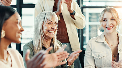 Buy stock photo Woman, applause and happy with group at startup with smile, goals and support in meeting at office. Business people, cheers and success with achievement, excited or congratulations at creative agency