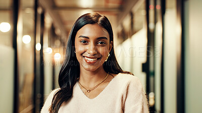 Buy stock photo Portrait, confident and woman with smile, office and ambitious for new job, marketing manager and employee. Business, worker and person with happiness for internship, proud and creative agency