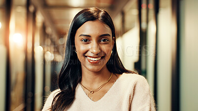 Buy stock photo Smile, business and woman for portrait in office with confidence, career ambition and journalist. Happy, female person and proud as reporter with creative job, about us and experience for opportunity