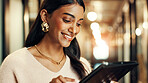 Happy, business and woman on tablet in office for article research, schedule update and reading proposal. Journalist, digital and review email, website information and story feedback for publication