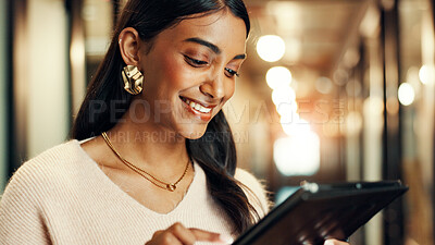 Buy stock photo Happy, business and woman on tablet in office for article research, schedule update and reading proposal. Journalist, digital and review email, website information and story feedback for publication