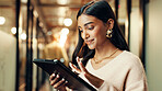 Smile, business and woman on tablet in office for article research, schedule update and reading proposal. Journalist, digital and review email, website information and story feedback for publishing 