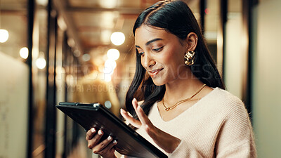 Buy stock photo Smile, business and woman on tablet in office for article research, schedule update and reading proposal. Journalist, digital and review email, website information and story feedback for publishing 