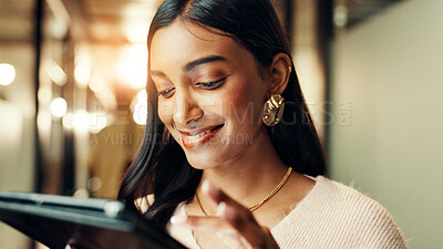 Buy stock photo Smile, business and woman on tablet in lobby for article research, schedule update and reading proposal. Journalist, digital and review email, website information and story feedback for publication