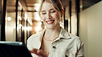Happy, business and woman on tablet in lobby for article research, schedule update and reading proposal. Journalist, digital and review email, website information and story feedback for publication