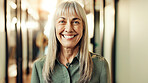 Happy, business and woman for portrait in office with confidence, career ambition and journalist. Smile, mature person and proud as reporter with creative job, about us and experience for opportunity