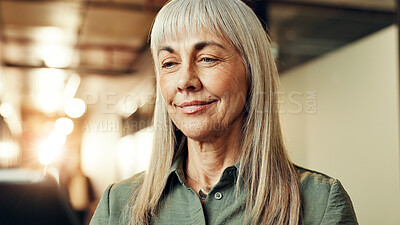 Buy stock photo Mature woman, owner and small business with smile for career ambition, dream or hotel management. Female person, concierge or employee with technology for online booking or planning reservations