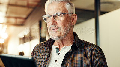 Buy stock photo Business, mature man and tablet in office with article research, schedule update and reading proposal. Journalist, digital app and review email, website information and story feedback for publication