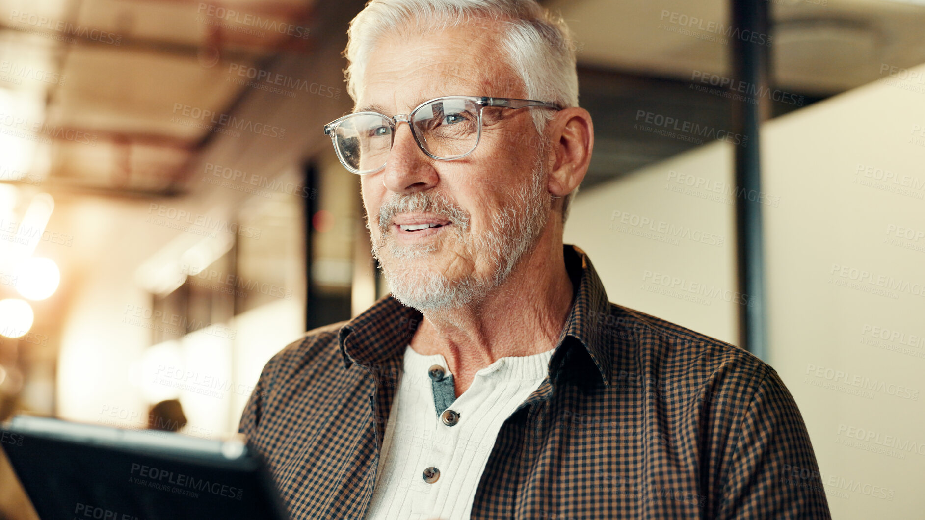 Buy stock photo Business, mature man and tablet in office with article research, schedule update and reading proposal. Journalist, digital app and review email, website information and story feedback for publication