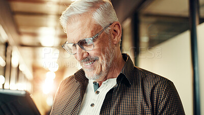 Buy stock photo Mature, businessman and tablet in office with smile, company review and pleased with article feedback. Professional, glasses and tech in lobby for editing information, resource verification or update