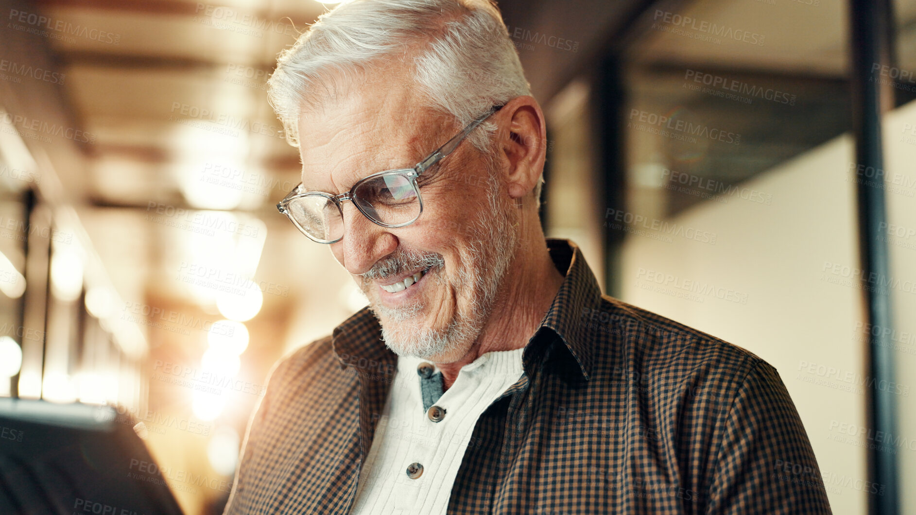 Buy stock photo Mature, businessman and tablet in office with smile, company review and pleased with article feedback. Professional, glasses and tech in lobby for editing information, resource verification or update