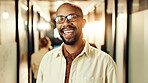 Portrait, business and black man in office, smile and funny with humor, glasses and creative project. African person, face and happy employee in workplace, eyewear and laughing with joke and designer