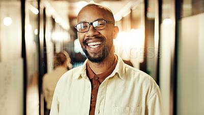 Buy stock photo Portrait, business and black man in office, smile and funny with humor, glasses and creative project. African person, face and happy employee in workplace, eyewear and laughing with joke and designer