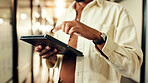 Hands, business and person on tablet in office for article research, schedule update and reading proposal. Journalist, digital and review email, website information and story feedback for publication