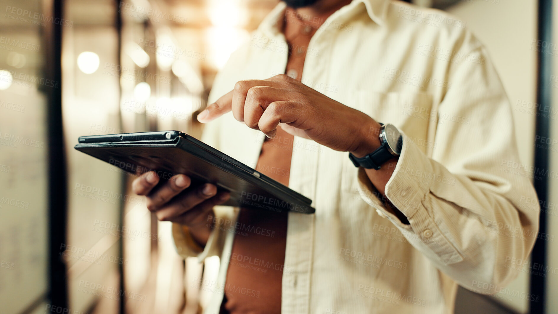 Buy stock photo Hands, business and person on tablet in office for article research, schedule update and reading proposal. Journalist, digital and review email, website information and story feedback for publication