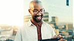 Business, tablet and black man in city, internet and connection with social media. African person, outdoor and employee with tech, communication and digital app with network, smile and website info