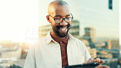 Buy stock photo Business, tablet and black man in city, internet and connection with social media. African person, outdoor and employee with tech, communication and digital app with network, smile and website info