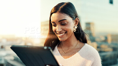 Buy stock photo Business, tablet and woman in city, smile and connection with social media. Happy person, outdoor and employee with tech, communication or digital app with network, message to contact or website info