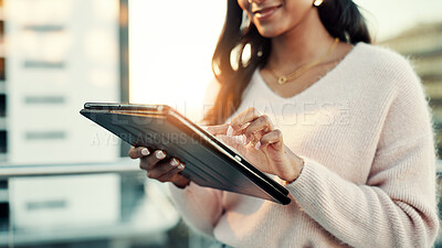 Buy stock photo Outdoor, employee and woman with tablet, research and smile for marketing strategy on app and balcony. Browsing, social media specialist and person with tech for ad campaign, online and creative