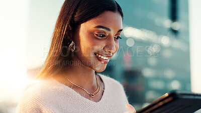 Buy stock photo Business, tablet and woman in city, connection and communication with social media. Happy person, outdoor and employee with tech, website info and digital app with network, message and New York