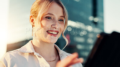 Buy stock photo Business, tablet and woman in city, connection and smile with communication. Happy person, outdoor and employee with tech, social media and digital app with network, website information and New York