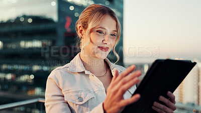 Buy stock photo Business, tablet and woman in city, typing and connection with social media, smile and texting. Person, outdoor and employee with tech, communication and digital app with message and website info