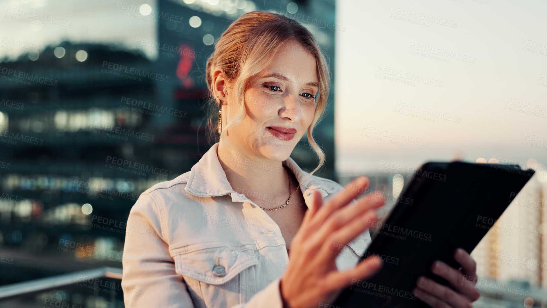 Buy stock photo Business, tablet and woman in city, typing and connection with social media, smile and texting. Person, outdoor and employee with tech, communication and digital app with message and website info