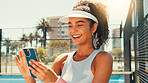 Tennis, happy and woman on court with phone, social media or scroll on training app for exercise tips. Athlete, smile or mobile on sports ground for tournament results, fitness or club registration