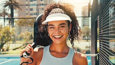 Buy stock photo Padel tennis, portrait and happy woman at court for sports, competition training and fitness. Smile, player and athlete with racket for practice, exercise or workout with confidence outdoor in Brazil
