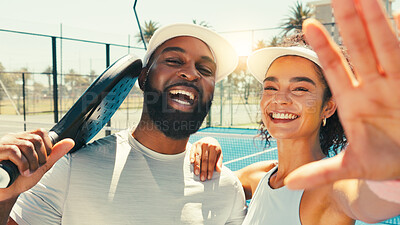 Buy stock photo People, portrait or tennis with smile for selfie for photography, picture or memory on court. Man, woman or sports players with POV, match or Padel game for capture moment, social media or friendship