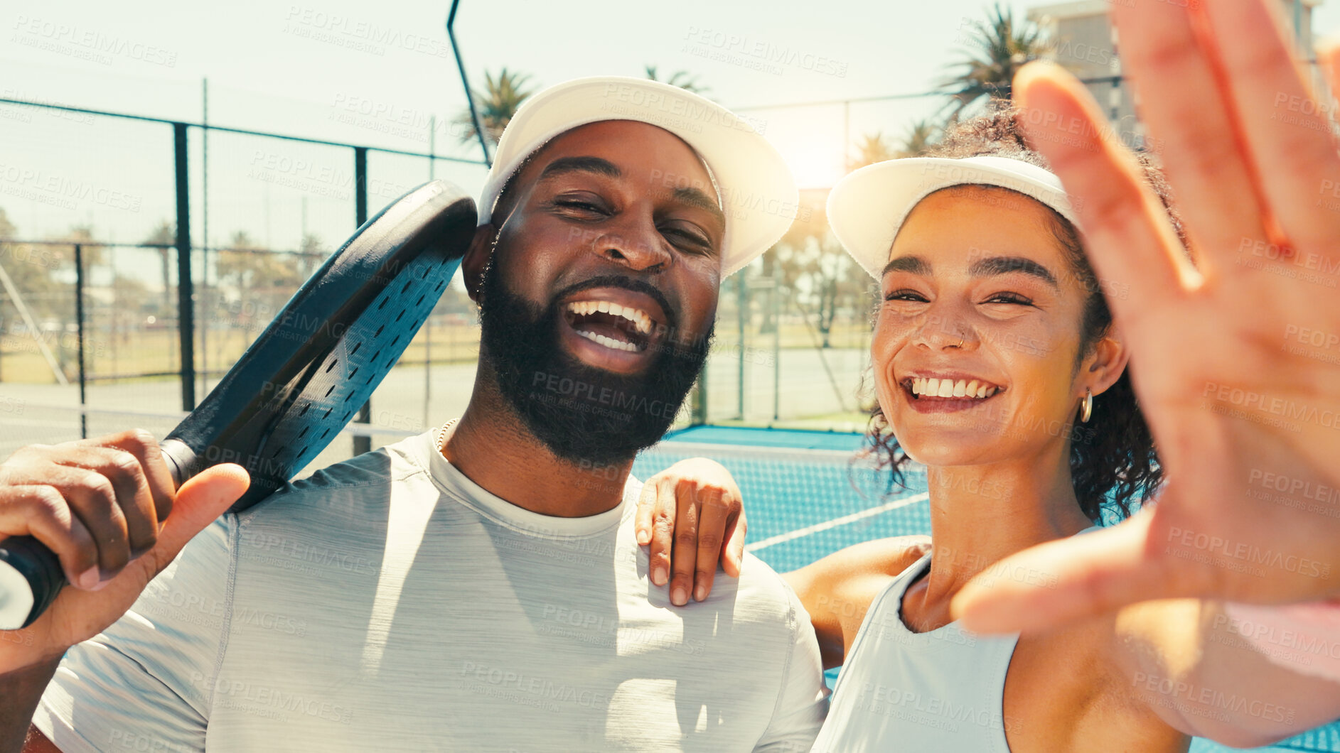 Buy stock photo People, portrait or tennis with smile for selfie for photography, picture or memory on court. Man, woman or sports players with POV, match or Padel game for capture moment, social media or friendship