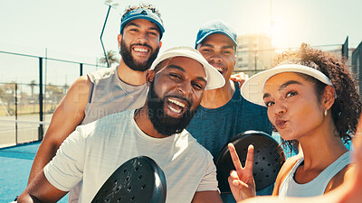 Buy stock photo People, smile or selfie on court for tennis, photography or memory on outdoor facility. Padel group, happy friends or sport player with support, peace sign or POV for match, game or capture moment