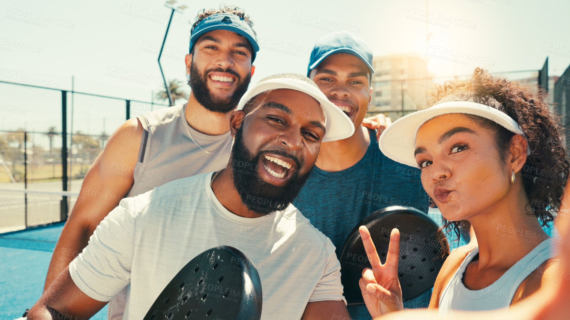 Buy stock photo People, smile or selfie on court for tennis, photography or memory on outdoor facility. Padel group, happy friends or sport player with support, peace sign or POV for match, game or capture moment