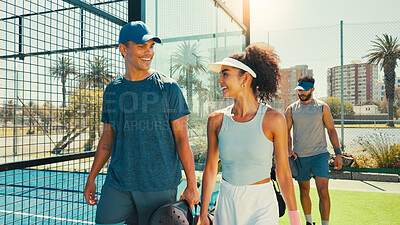 Buy stock photo Tennis friends, team and walking to court for match practice, fitness conversation and tournament game. Sport athlete, people and smile outdoor for padel competition, discussion and training exercise