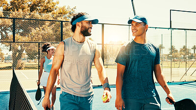 Buy stock photo Padel tennis, walking or people at court for training, competition or fitness with doubles partner. Team, sports player or athletes in practice match for exercise, tournament game or outdoor workout