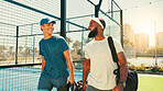 Tennis friends, men and walking to court for match practice, fitness conversation and tournament game. Sport athlete, people and happy outdoor for padel competition, discussion and training exercise