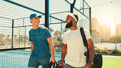Buy stock photo Tennis friends, men and walking to court for match practice, fitness conversation and tournament game. Sport athlete, people and happy outdoor for padel competition, discussion and training exercise