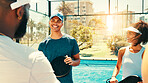 Tennis friends, team and talking on court for practice break, tournament match and advice for game technique. Padel sport, athlete and happy at training workout with conversation, fitness or wellness
