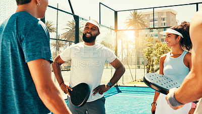 Buy stock photo Tennis, people and chatting on court for fitness, planning challenge or happy for session attendance. Man coach, padel lesson or group on sports grounds for game social, break or friendly discussion