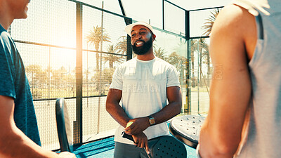 Buy stock photo Tennis, people and discussion on court for fitness, planning challenge or smile for session attendance. Man coach, padel lesson or community on sports grounds for game social, break or friendly chat