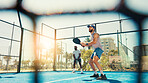 Padel tennis, net or people at court for training, competition or fitness with doubles partner. Team, sports players or athletes in practice match for exercise, tournament game or outdoor workout
