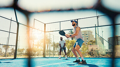 Buy stock photo Padel tennis, net or people at court for training, competition or fitness with doubles partner. Below of team, sports or athletes in practice match for exercise, tournament game or outdoor workout